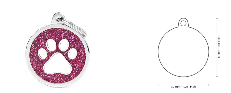 MyFamily Shine Big Pink Glitter Circle White Paw ID Tag