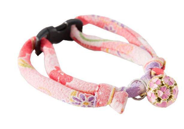 Necoichi Chirimen Cat Collar w/ Clover Bell Pink