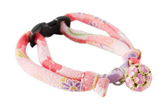 Necoichi Chirimen Cat Collar w/ Clover Bell Pink