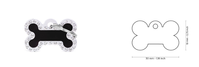MyFamily Glam Small Bone Black ID Tag with Rhinestones