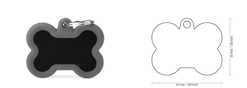 MyFamily Hushtag Big Black Aluminum Bone ID Tag with Gray Rubber