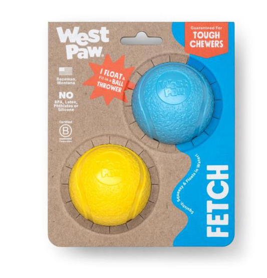 West Paw Boundr Tennis Ball Aqua Blue/Dandelion Yellow Small 2ct