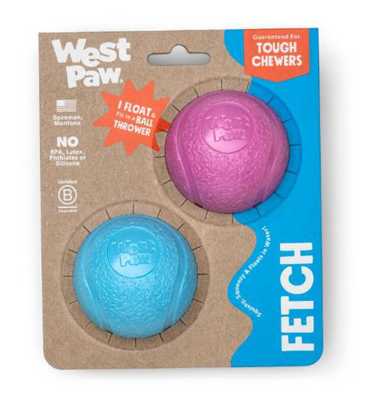 West Paw Boundr Tennis Ball Hot Pink/Aqua Blue Small 2ct